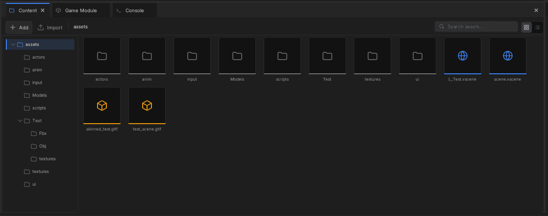 The Vilanel asset browser, showing files as tiles with a colour per asset type.