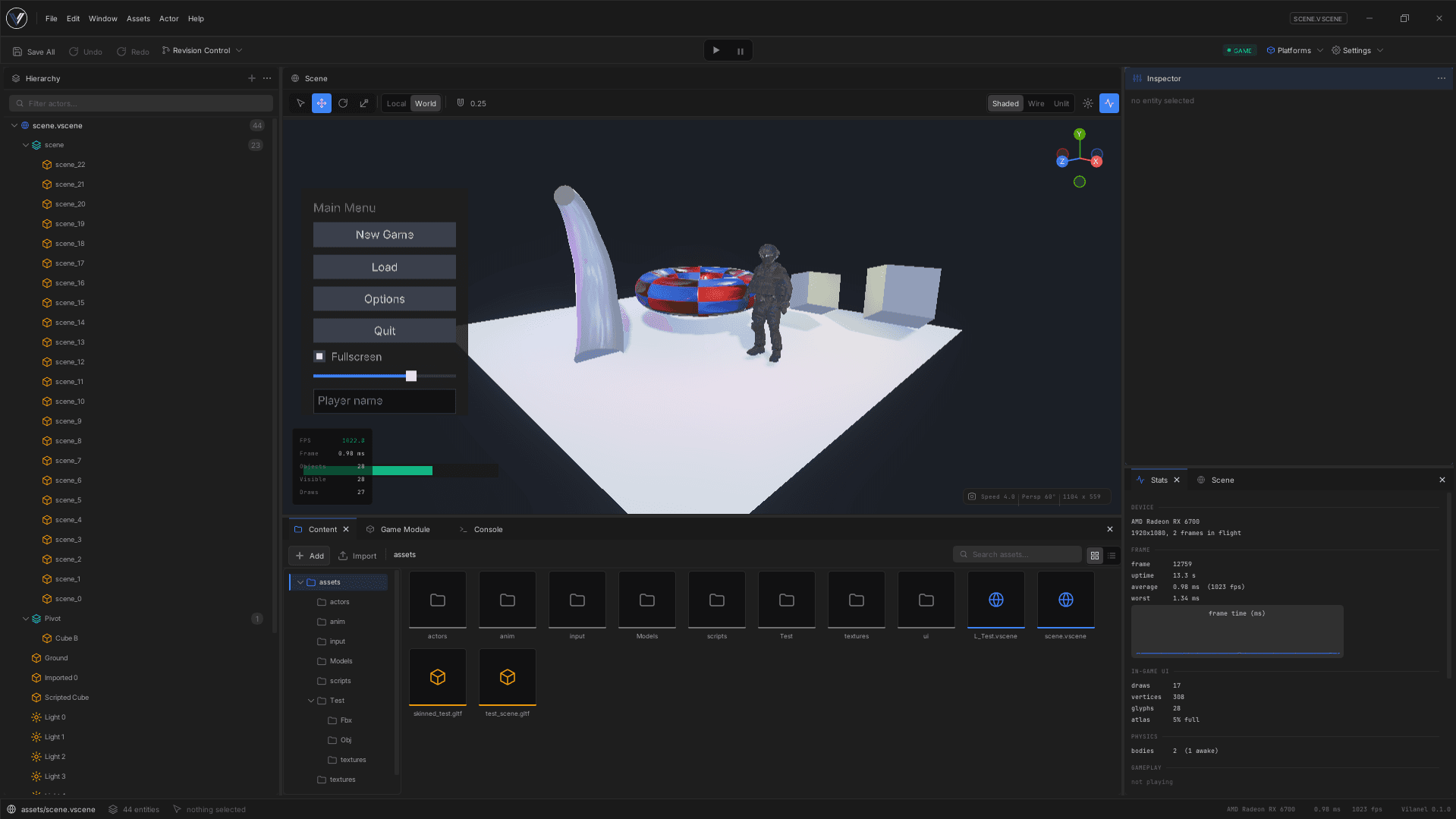 The Vilanel editor: scene tree on the left, 3D viewport in the middle, properties panel on the right, and a log along the bottom.