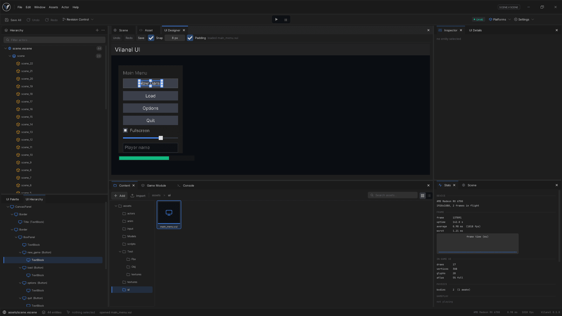 The Vilanel interface designer, showing a widget tree, a layout canvas and a properties panel.