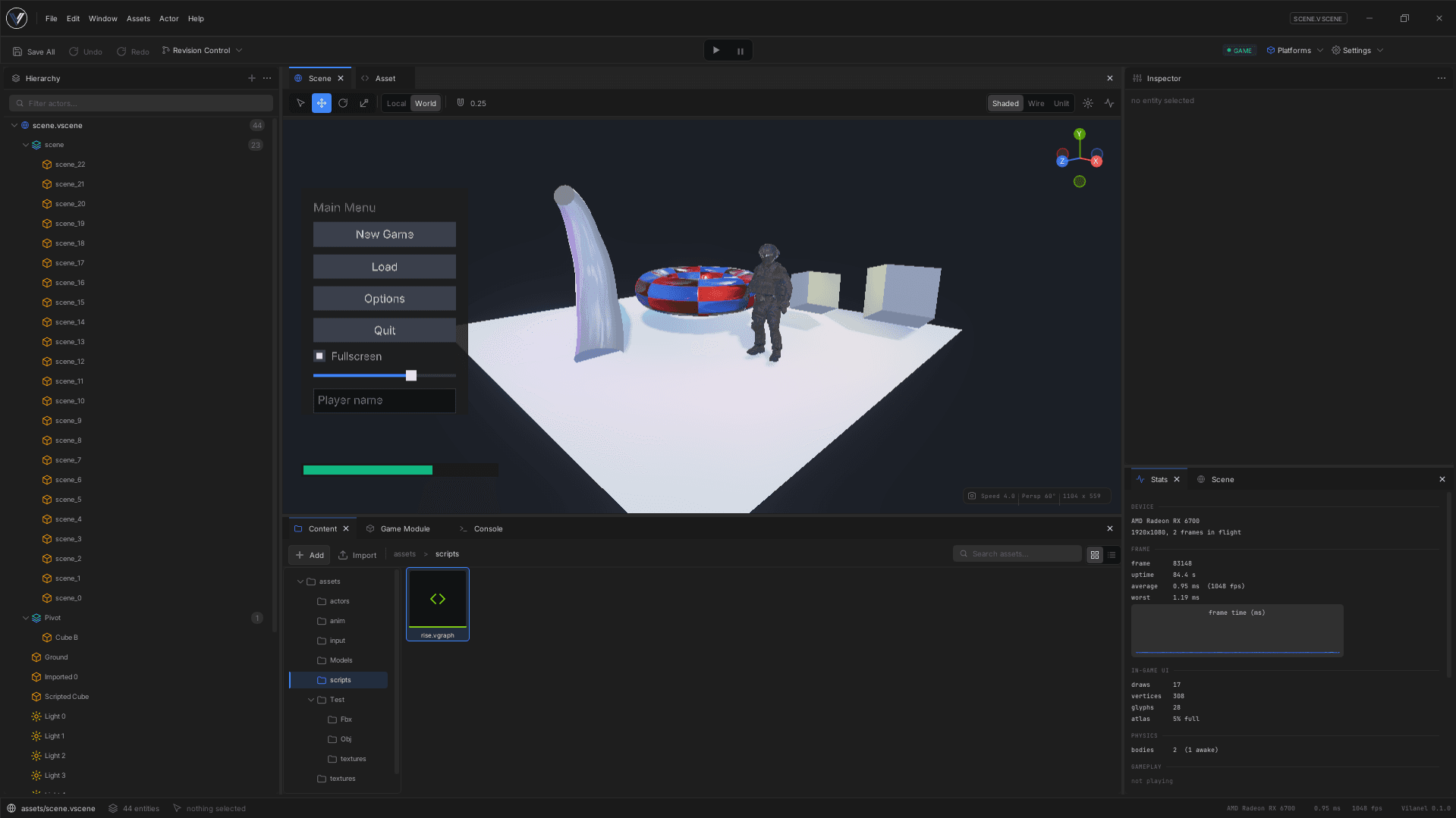 The Vilanel viewport, showing a lit scene with move handles on the selected object and a performance readout in the corner.